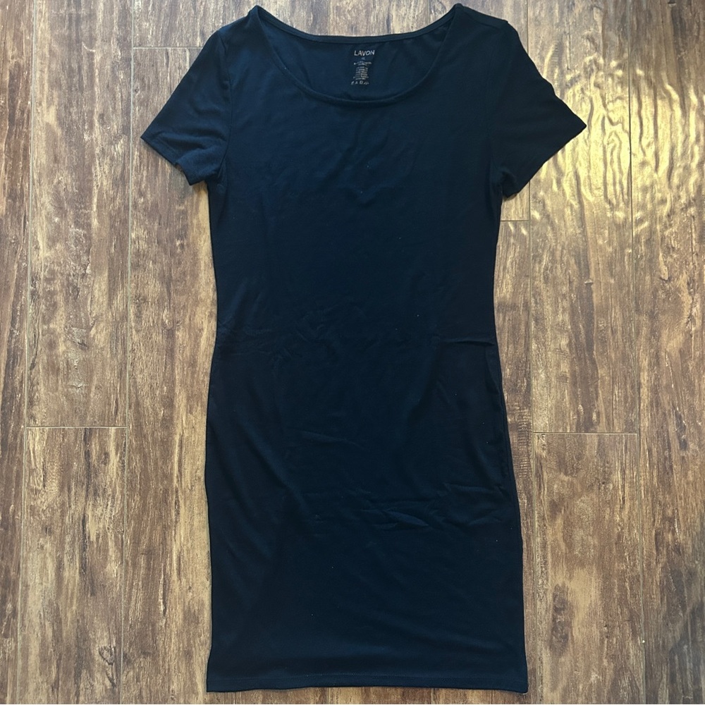 Lavon black short sleeve mini dress bodycon cotton t-shirt lbd casual night out